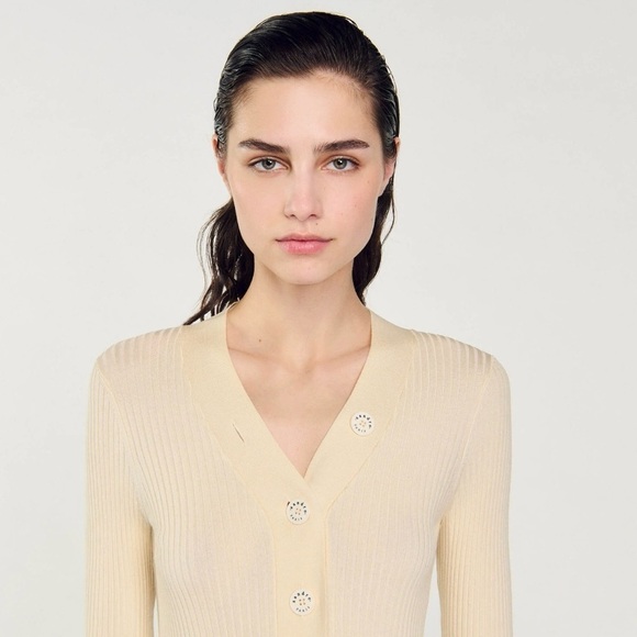Sandro Ribbed Knit Cardigan Ecru Size 1/Small - Picture 3 of 9